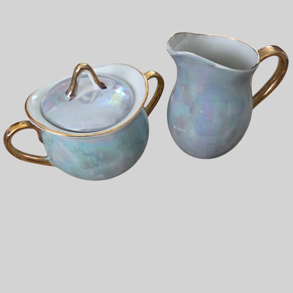 Vintage Napco Giftcraft Iridescent Lusterware Sugar and Creamer Set Gold Trim